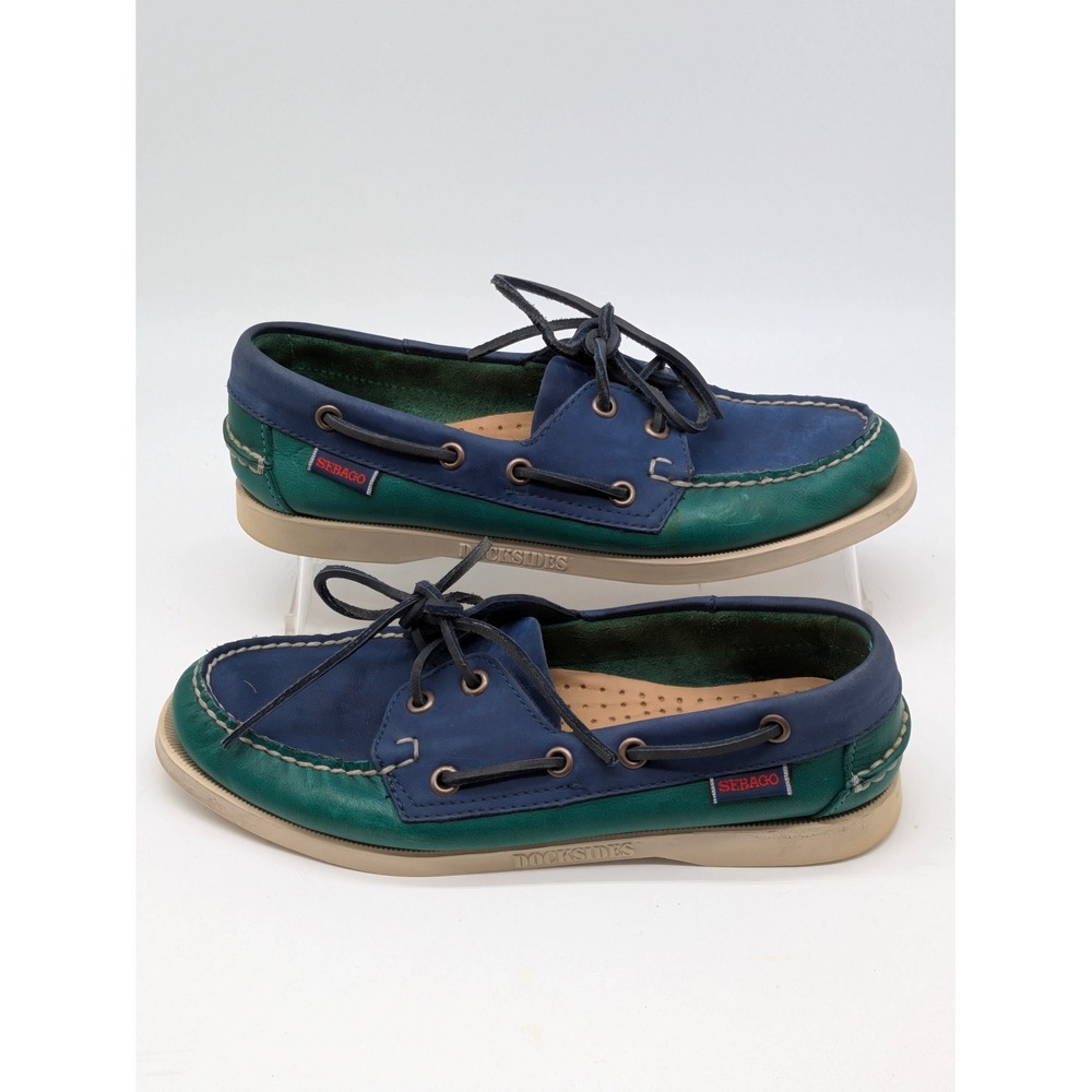 Sebago Dockside Boat Shoes Womens Size 7 Blue Green Leather Lace Up Moc Toe